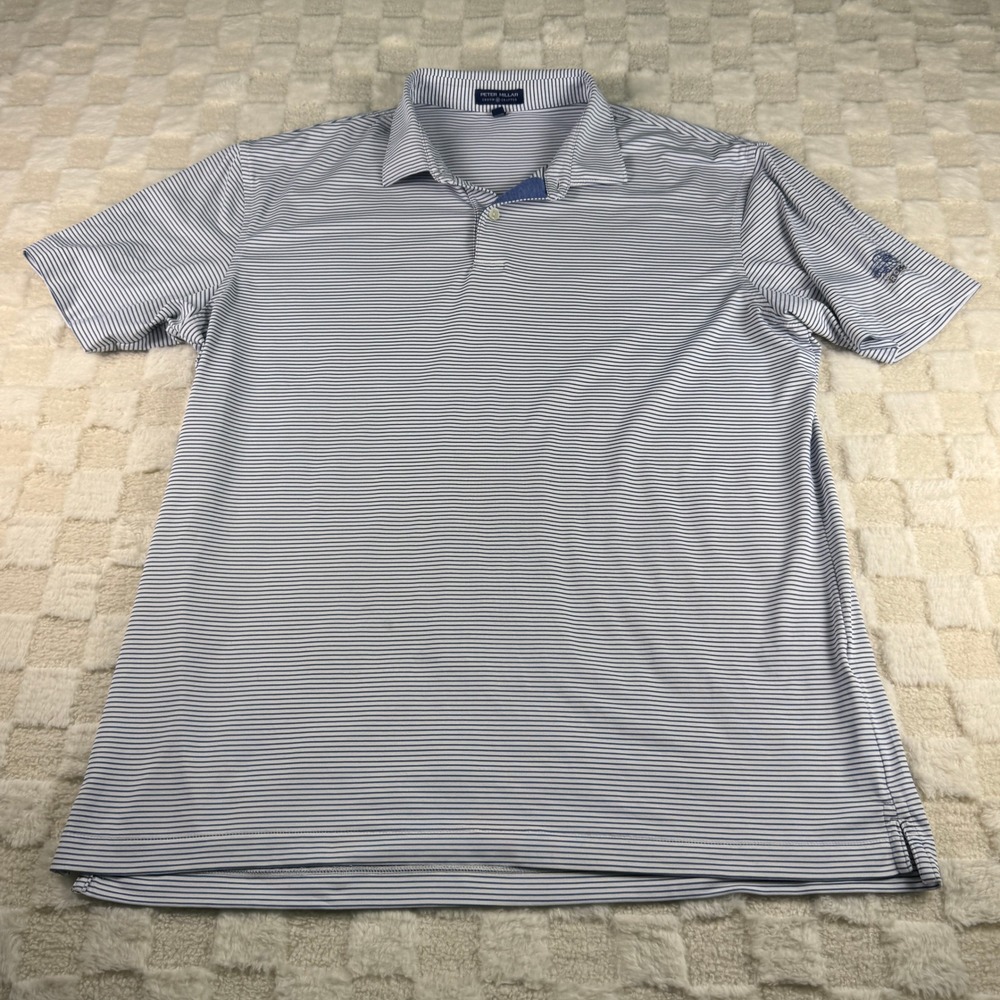 Peter Millar Crown Crafted Mens Large Blue White Striped Performance Polo Shirt